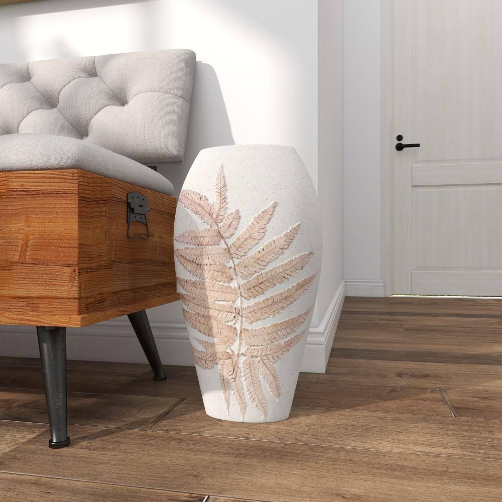 White and Beige Polystone Floor Vase with Leaf Design