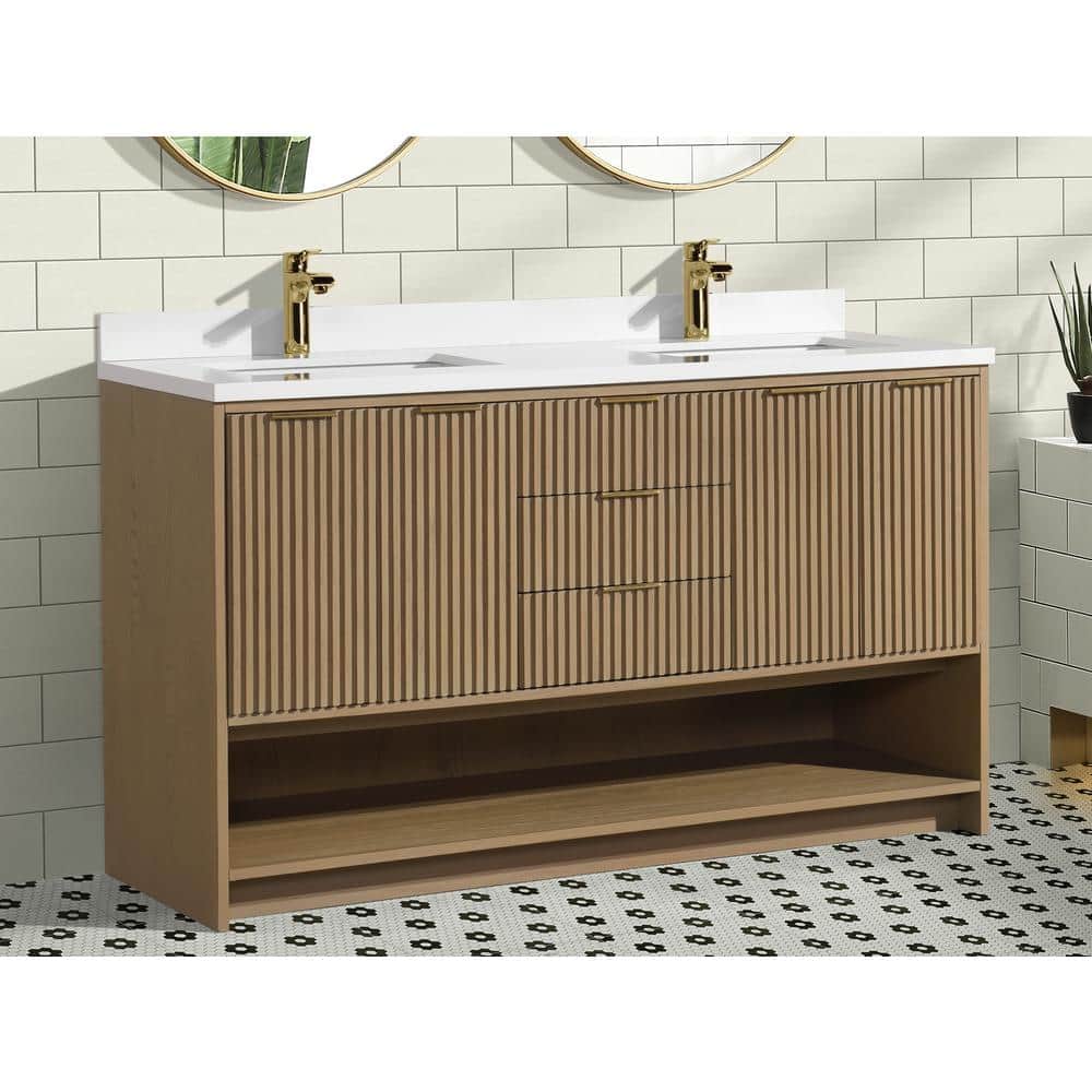 San Diego 55" Oak Gray Double Sink Vanity with Quartz Top