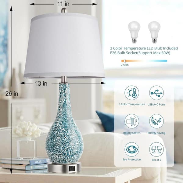 2-Pack 26 H Blue Crackle Table Lamp with USB A+C Ports Coastal