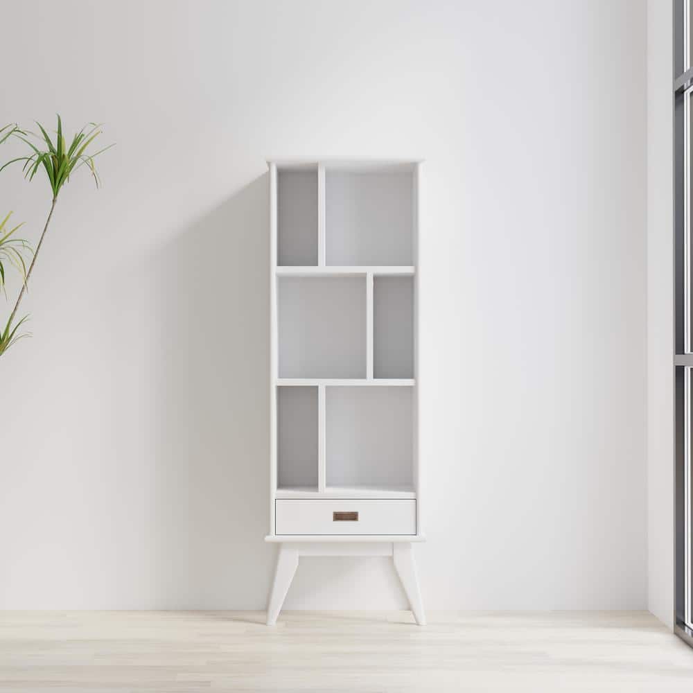 White Solid Hardwood Mid-Century Modern Bookcase with Storage Drawer