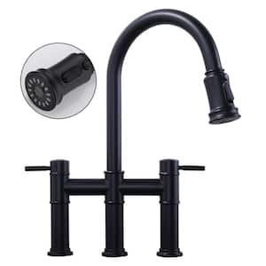 Double Handle Pull-Down High Arc Bridge Kitchen Faucet with Brass and Stainless Steel in Matte Black