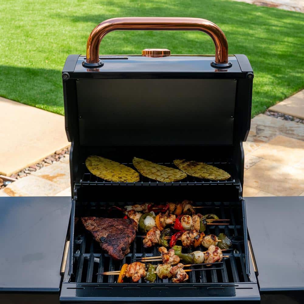 Compact Black and Copper 2-Burner Propane Gas Grill with Foldable Side Tables