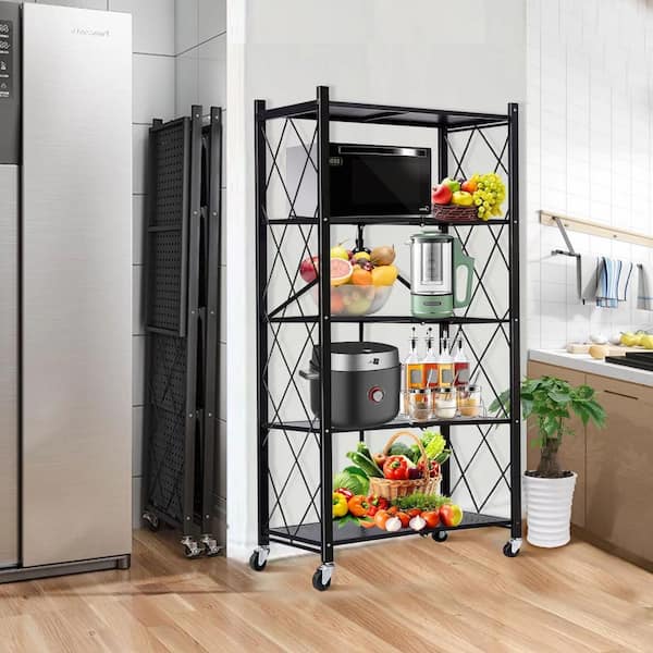 FUNKOL 5-Tier Black Metal Kitchen Shelf Foldable Storage Rack with