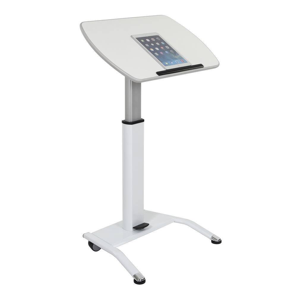 White Adjustable Height Mobile Standing Desk with Pneumatic Foot Pedal