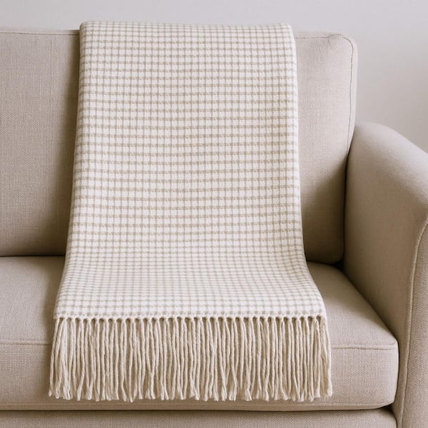 Cream, Sand Plaid Cotton Blend Throw Blanket