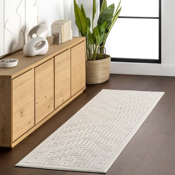 Zinnia Geometric Cream 3 ft. x 8 ft. Outdoor Runner Rug