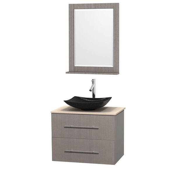 Wyndham Collection Centra 30 in. Vanity in Gray Oak with Marble Vanity Top in Ivory, Black Granite Sink and 24 in. Mirror