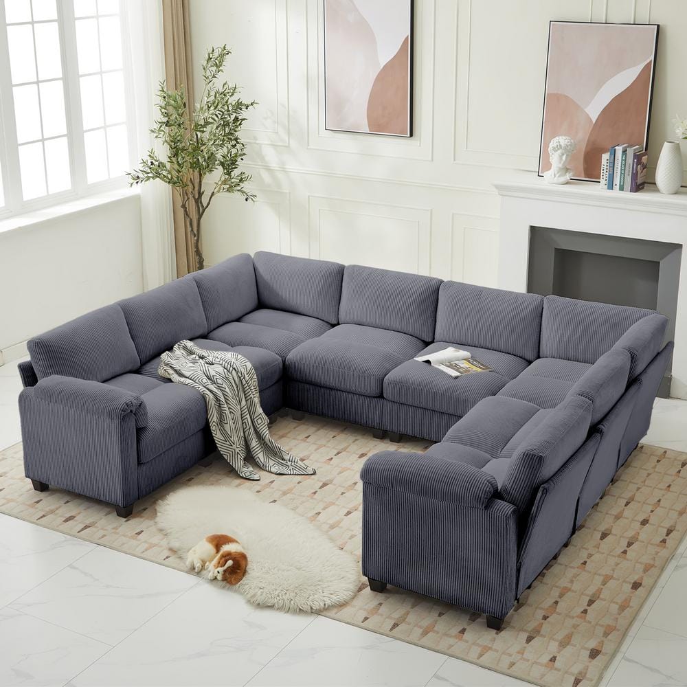 JEAREY 115 in. Corduroy Modular U-Shaped Dark Grey 8-Seat