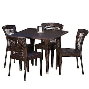 Jaylah Multi-Brown 5-Piece Faux Rattan Square Outdoor Patio Dining Set with Stacking Chairs