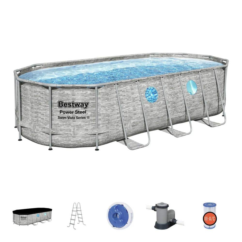 Bestway Swim Pool Ground Above 9 18 Frame in. - The Home Vista Oval x 56717E-BW Deep ft. Depot Set Swimming ft. Metal 48