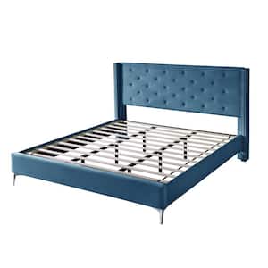 Blue Modern Fort California King Wood Platform Bed Frame No Box Spring Needed with Upholstered Headboard