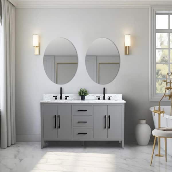 Vanity Art 60 in. W x 22 in. D x 34 in. H Double Sink Bathroom Vanity Cabinet in Cashmere Gray with Engineered Marble Top in White