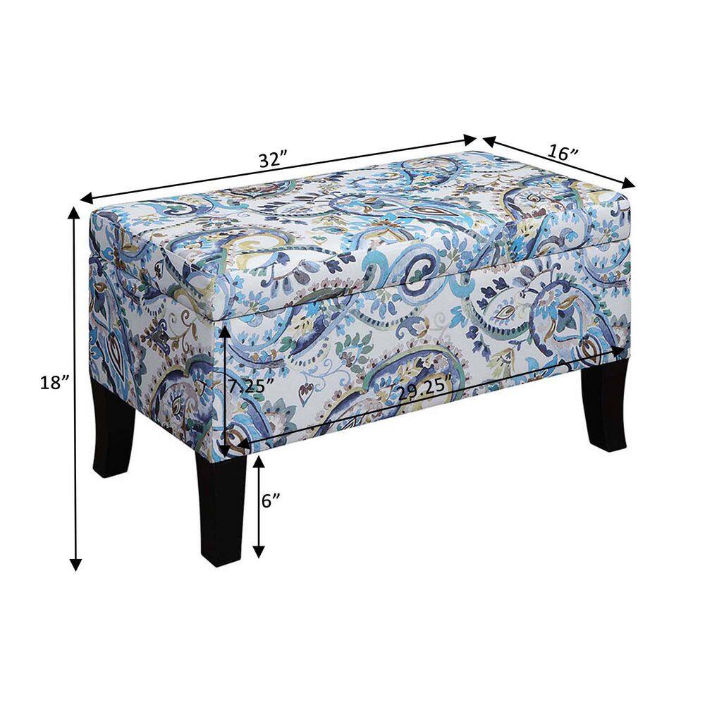 Paisley Fabric Storage Ottoman with Dark Rubberwood Legs