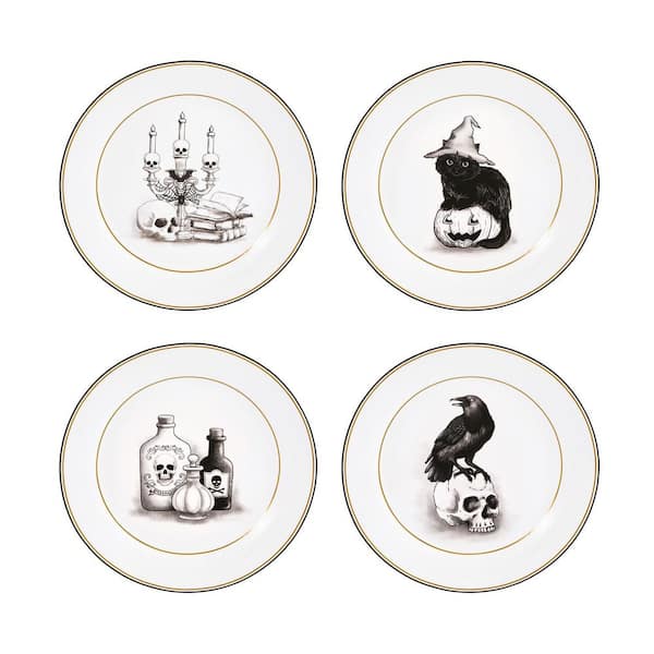8.75 in. Gold Halloween Cute Ceramic Salad Plates, Microwave Safe Handwash Suggested for Tapas, Appetizer (Set of 4)