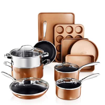 Copper Cast Textured 15-Piece Aluminum Ultra-Nonstick PFOA Free Cookware and Bakeware Set