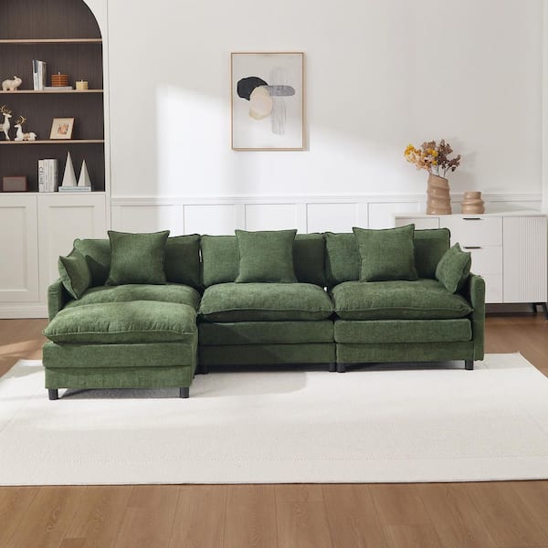 Varun 108 in. Pillow Top Arms Chenille Modular Sectional Sofa with Ottoman in Green