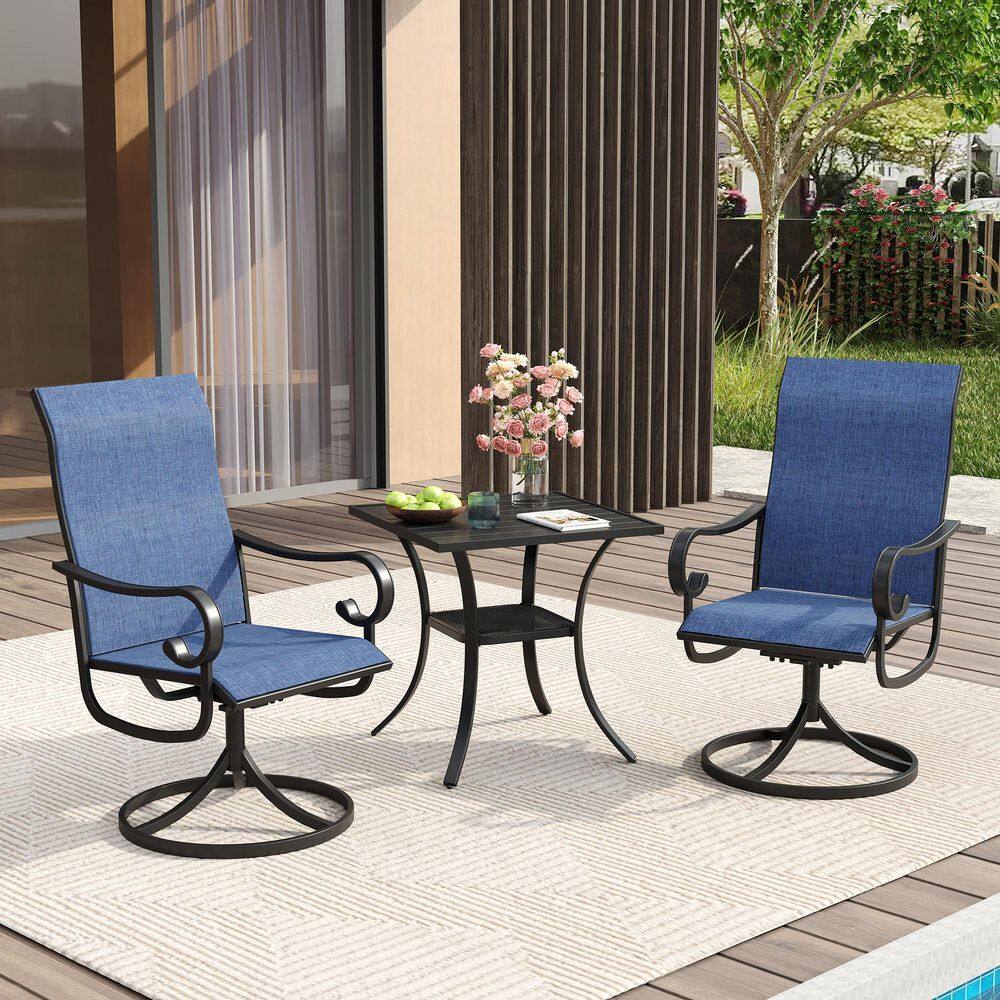 3-Piece Outdoor Patio Dining Set with 27.6 in. Black Metal Square Table and 2-Blue Textilene Swivel Chairs price history on PriceWatchPro
