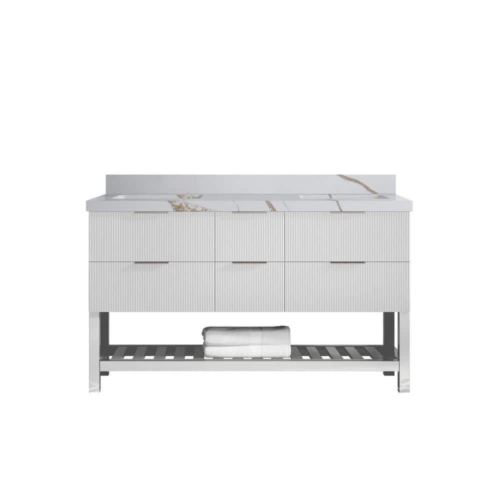Catalina 60 in. Double Sink Freestanding Fine Grain Bath Vanity with Calacatta Gold Qt. Top Unassembled price history on PriceWatchPro