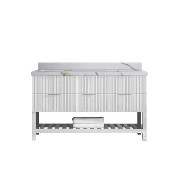 Willow Collections Catalina 60 in. Double Sink Freestanding Fine Grain Bath Vanity with Calacatta Gold Qt. Top Unassembled