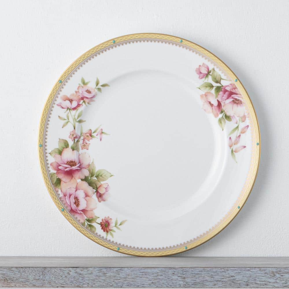 Floral Gold Trim Porcelain Entree Plates, Set of 4