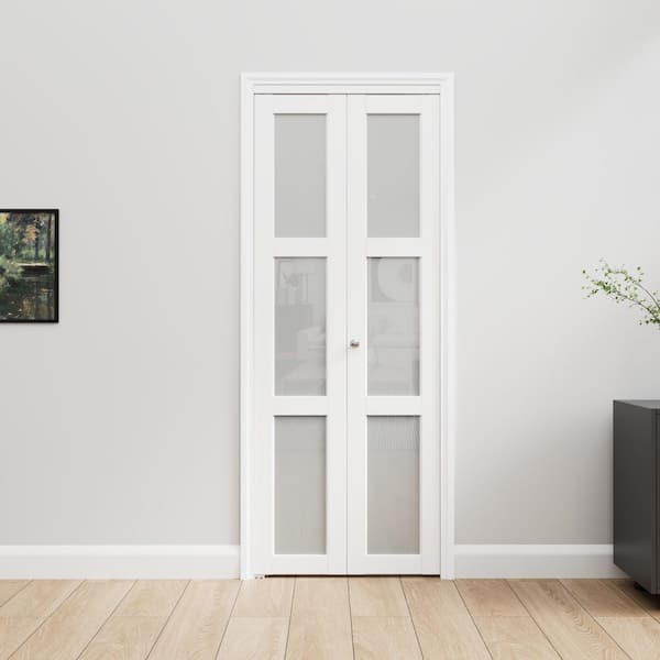 30 in. x 96 in. 3-Lite Frosted Glass Solid Core White MDF Finished Glass Closet Bi-fold Door with Hardware