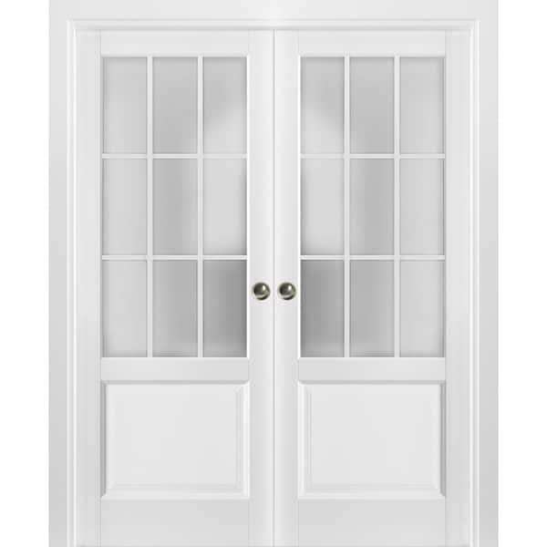 Sartodoors 3309 36 in. x 80 in. 3/4-Lite Frosted Glass Matte White Finished Pine Wood Sliding Barn Door with Hardware Kit