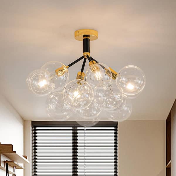 Y'INSP 22.8 in. 4-Light Black Bubble Semi Flush Mount with Glass Shade and Bulbs Included