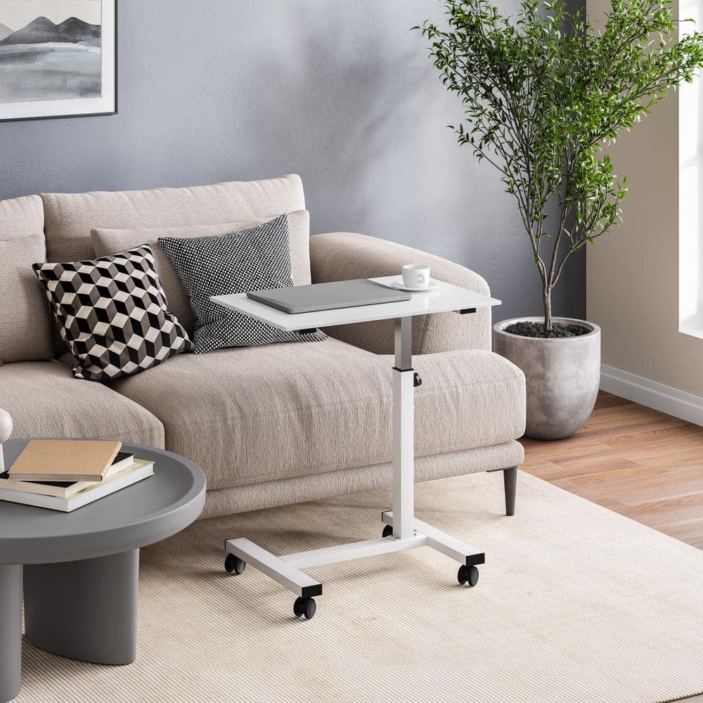White Adjustable Height Rolling Laptop Desk with Wheels
