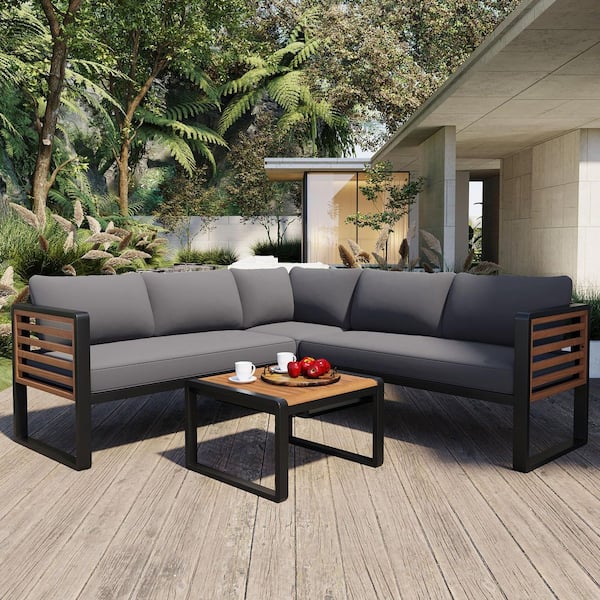 4-Piece Metal and Wood Patio Conversation Set with Gray Cushion and a Coffee Tables for Garden, Backyard