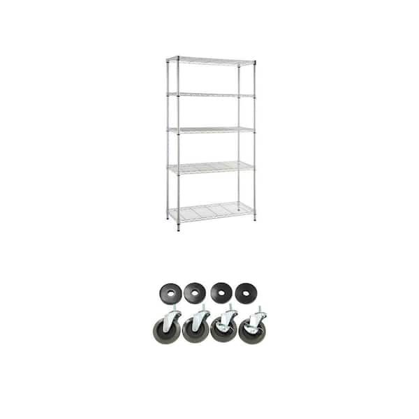 4 in. Industrial Casters with Bumper (4-Pack) and 5-Tier Steel Wire Shelving Unit (36 in. W x 72 in. H x 16 in. D) Combo