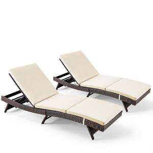 2-Piece Rattan Wicker Outdoor Patio Chaise Lounge Chairs with Adjustable Poolside Loungers Sunlounge and Khaki Cushions