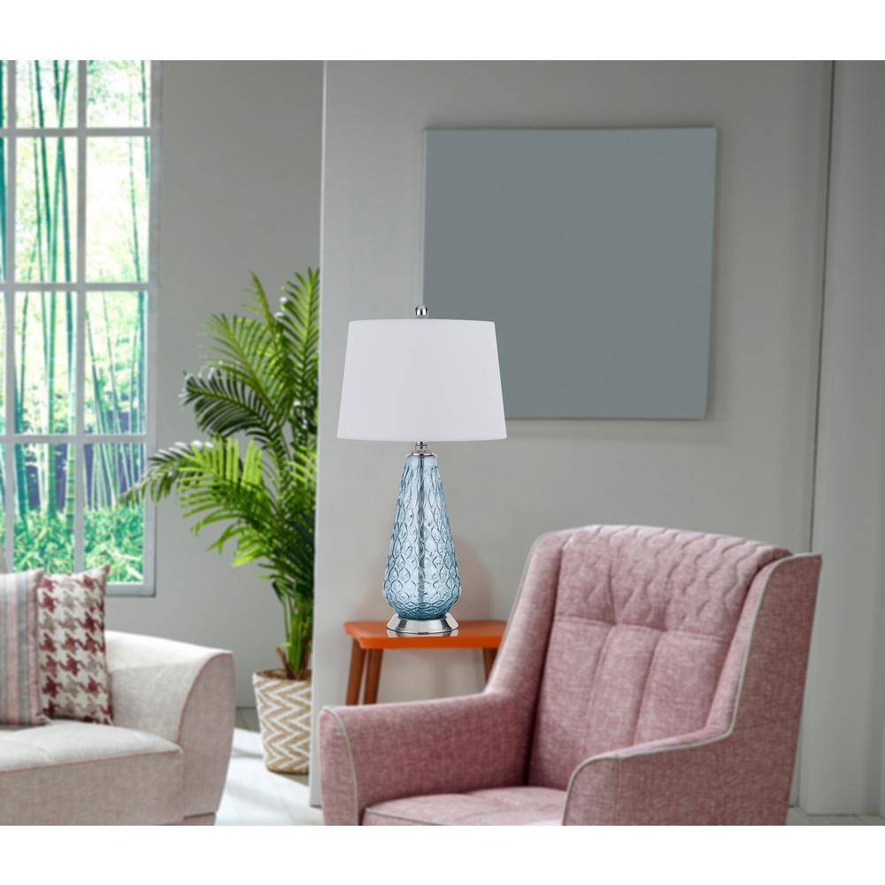 Aqua Blue Hand Blown Glass Table Lamp with White Linen Shade