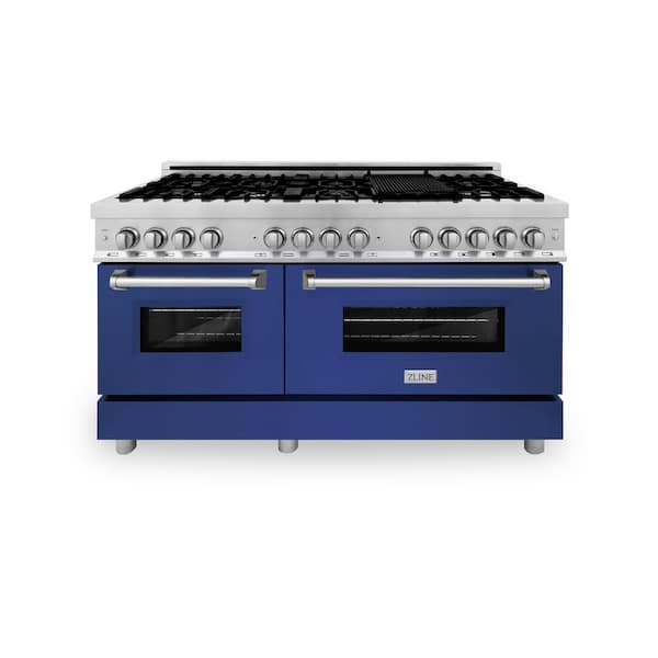 60 in. 9-Burner Double Oven Dual Fuel Range with Blue Matte Door in Stainless Steel