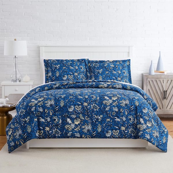 SOUTHSHORE FINE LINENS Blooming Blossoms 3-Piece Blue Full/Queen Microfiber Duvet Cover Set
