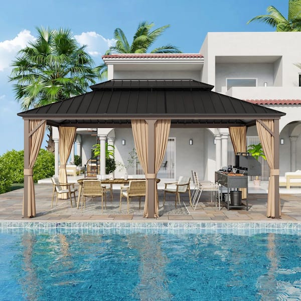 12 ft. x 18 ft. Outdoor Patio Aluminum Frame Gazebo with Double Hardtop Steel Roof, Mosquito Net and Curtains