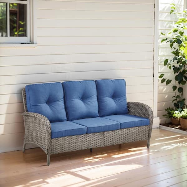 Opohoro PlainCurve Metal and Gray Wicker Patio Outdoor 3-Seat Sectional Couch Sofa with Olefin Navy Blue Cushions