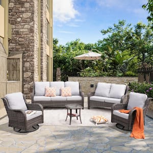 Monet Gray 5-Piece Wicker Patio Conversation Seating Sofa Set with Gray Cushions and Swivel Rocking Chairs