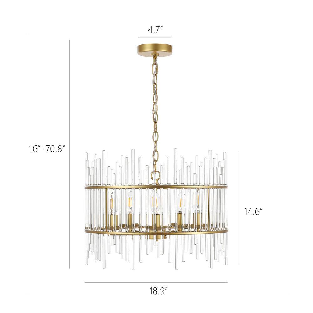 Gold and Crystal 5-Light Drum Chandelier with Glass Rods