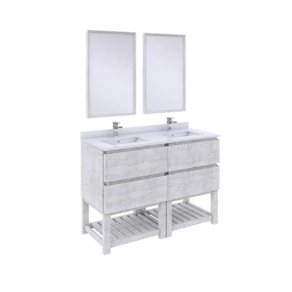 Fresca Formosa 48 in. Double Sink Freestanding Open Bottom Rustic White Bath Vanity with White Quartz Top, Sinks and Mirrors