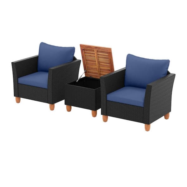 Clihome 3-Piece Wicker Outdoor Patio Conversation Set Furniture Set with Navy Cushions and Acacia Wood Coffee Table