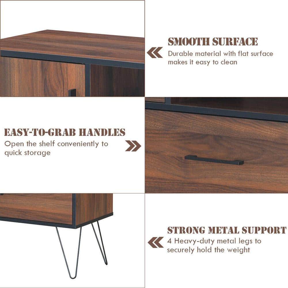 Walnut Multipurpose Sideboard Storage Cabinet with Metal Legs and Drawers
