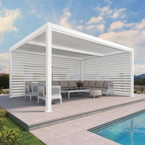 PURPLE LEAF 12 ft. x 16 ft. White Aluminum Frame Louvered Pergola with Adjustable Shade Roof and 1-Long 1-Short Side Roller Shades