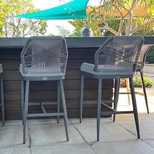 Modern Aluminum Twill Wicker Woven Counter Height Outdoor Bar Stool with Back and Light Gray Cushion (2-Pack)