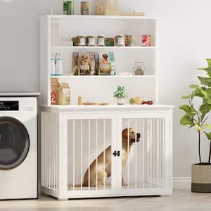 Wooden Dog Kennels Furniture Style Dog Crate Storage Cabinet, Indoor Dog Crate with 3-Shelf Bookcase Bookshelf, White