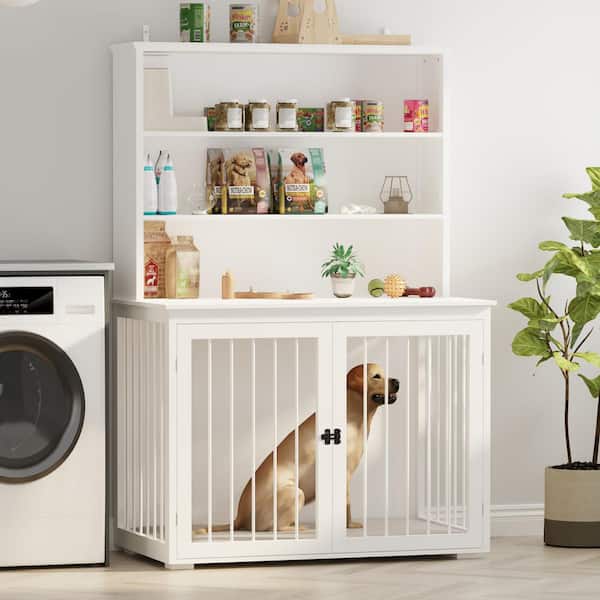 FUFU&GAGA Wooden Dog Kennels Furniture Style Dog Crate Storage Cabinet, Indoor Dog Crate with 3-Shelf Bookcase Bookshelf, White