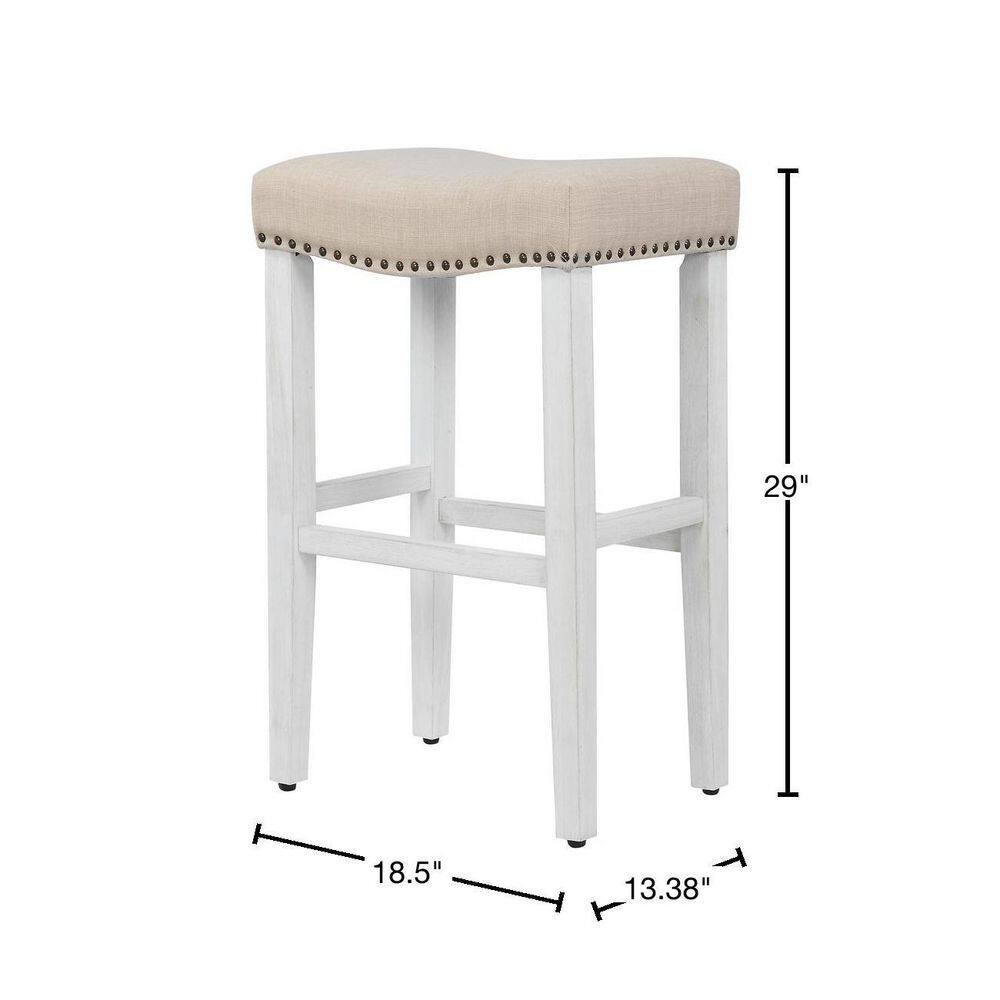Antique White and Beige Upholstered Saddle Seat Bar Stools, 29" Wood