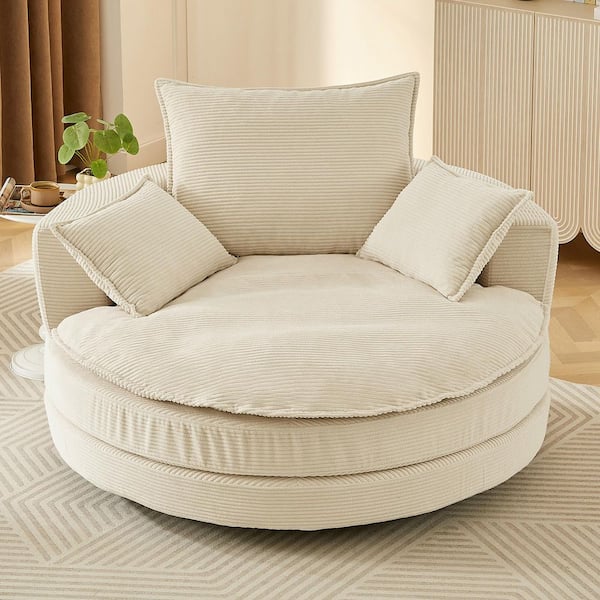 Beige 360° Swivel Soft Corduroy Fabric Sofa Chair 57.5 in. W Accent Barrel Chair with Dual-Layer Cushion, 3-Pillows