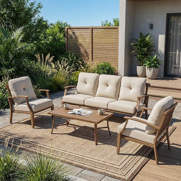 4-Piece Aluminum Outdoor Conversation Set With Beige Cushions