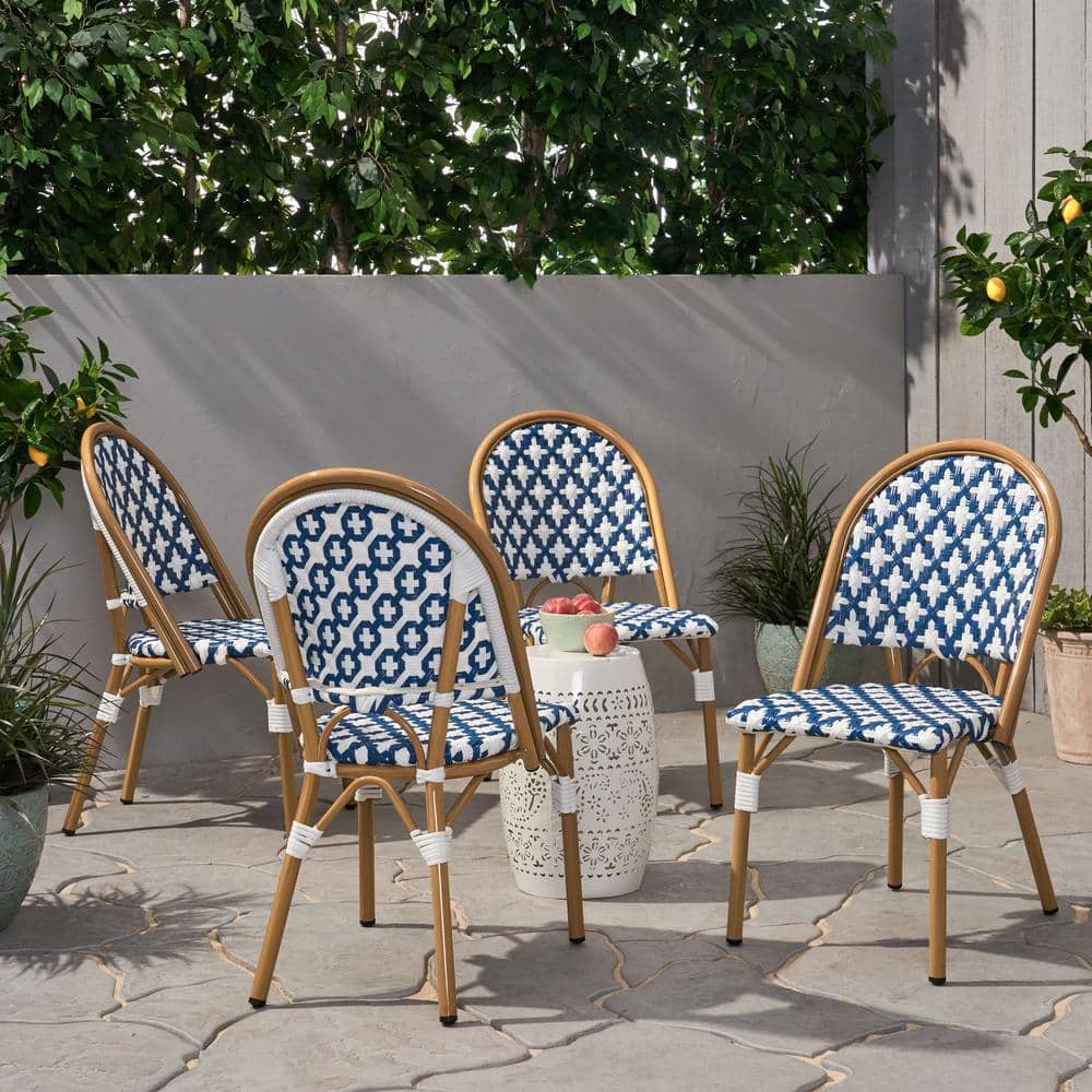 Chic Bamboo-Finished Aluminum Bistro Chairs in Blue/White (Set of 4)