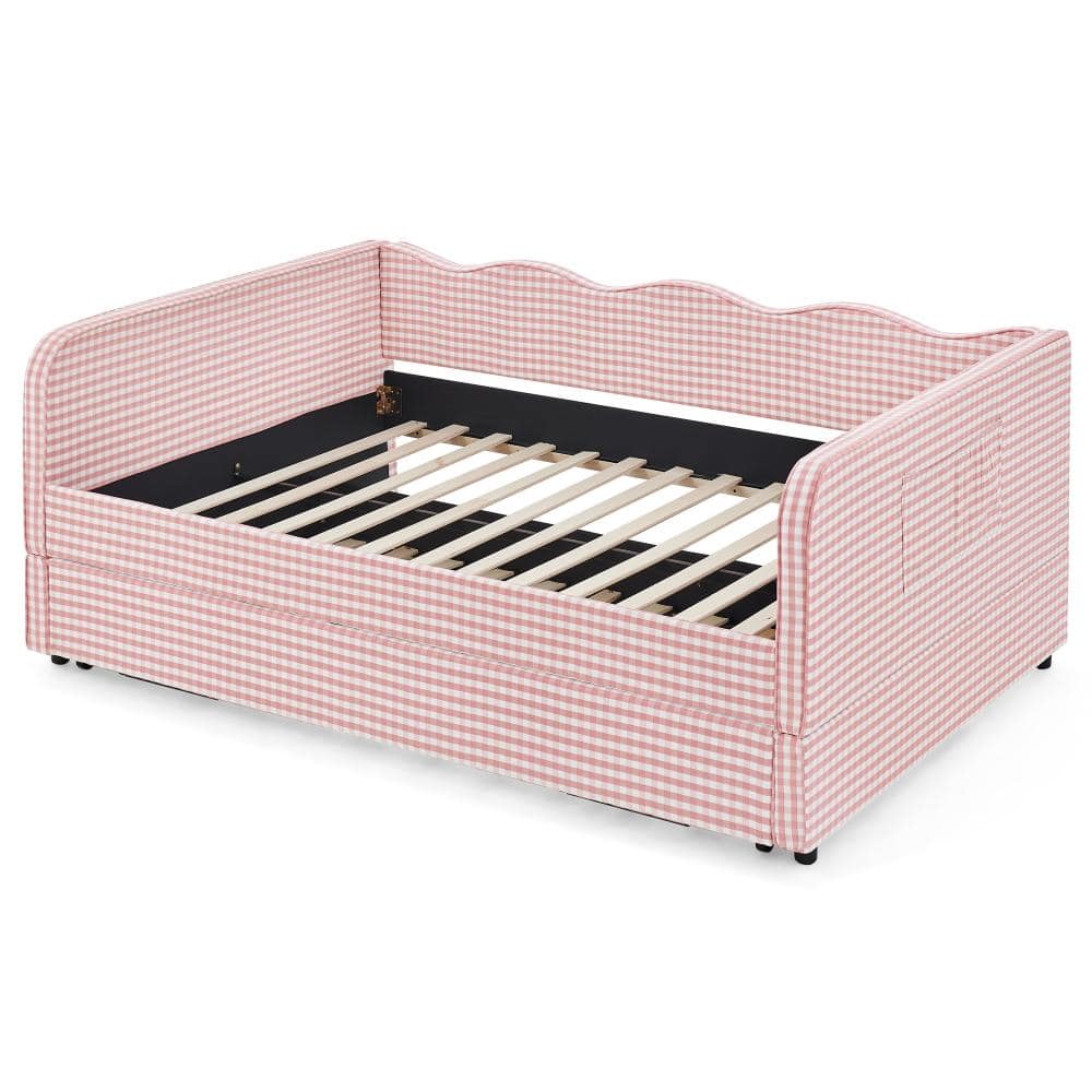 Pink Full Daybed with Pull-Out Trundle & Side Storage Pockets, Gingham Upholstered 3-in-1 Convertible Sofa Bed for price history on PriceWatchPro